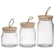 Load image into Gallery viewer, DAVIS &amp; WADDELL - ROUND GLASS STORAGE CANISTER - WITH WOODEN LID - 3 PIECE SET
