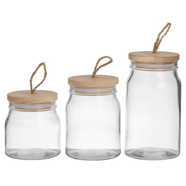 DAVIS & WADDELL - ROUND GLASS STORAGE CANISTER - WITH WOODEN LID - 3 PIECE SET