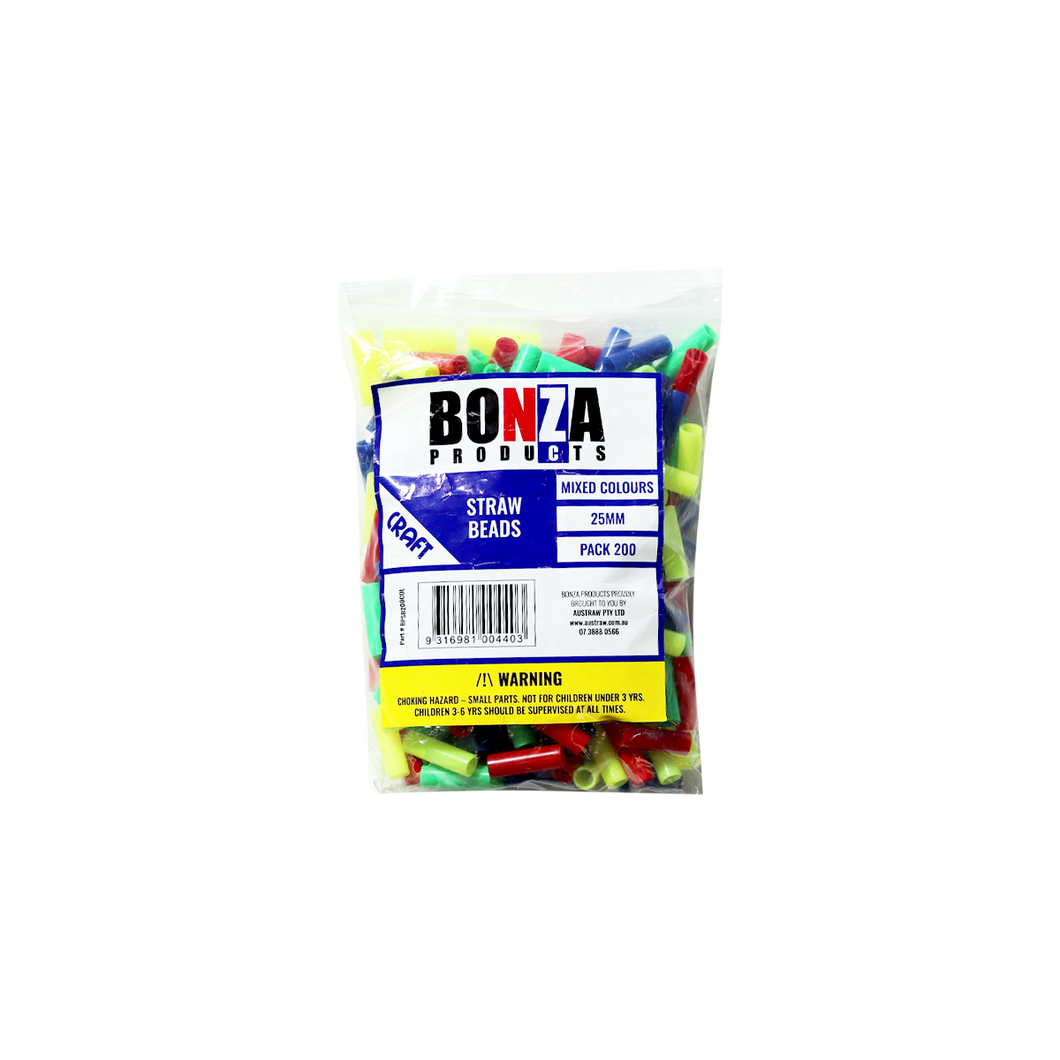 BONZA - STRAW BEADS - 25MM - MIXED COLOURS - PACK 200