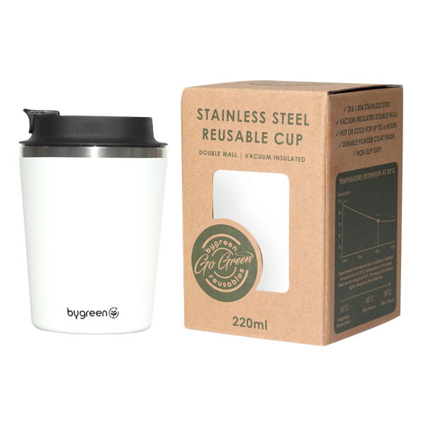GO GREEN - REUSABLE WHITE COFFEE CUP - 220ML