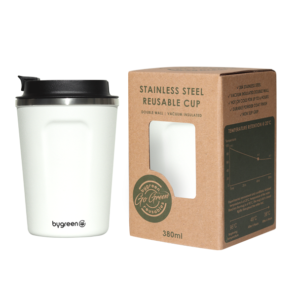 GO GREEN - REUSABLE WHITE COFFEE CUP - 380ML
