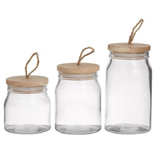 Load image into Gallery viewer, DAVIS &amp; WADDELL - ROUND GLASS STORAGE CANISTER - WITH WOODEN LID - 3 PIECE SET
